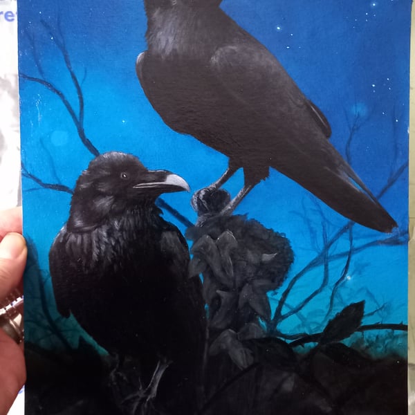 SALE! Vibrant oil painting of two ravens in a hedgerow 