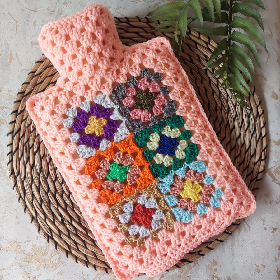 Crochet Hot Water Bottle Cover Granny Square Peach