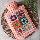 Crochet Hot Water Bottle Cover Granny Square Peach