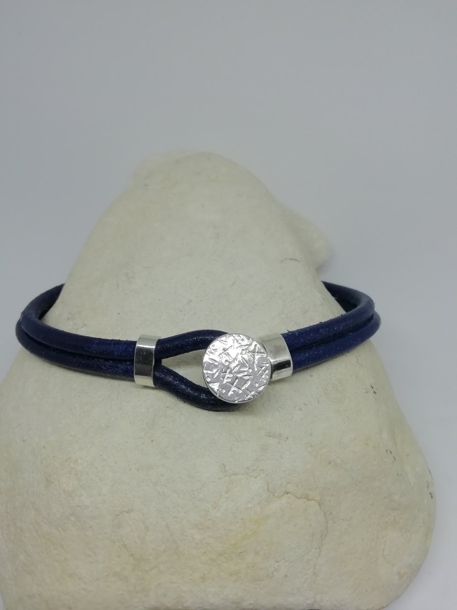 Blue Leather Bracelet with Silver Button