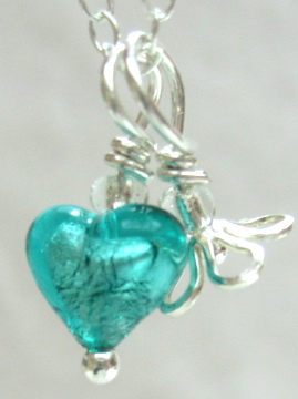 Small Venetian Glass Aqua Heart & Sterling Silver Flower Pendant necklace