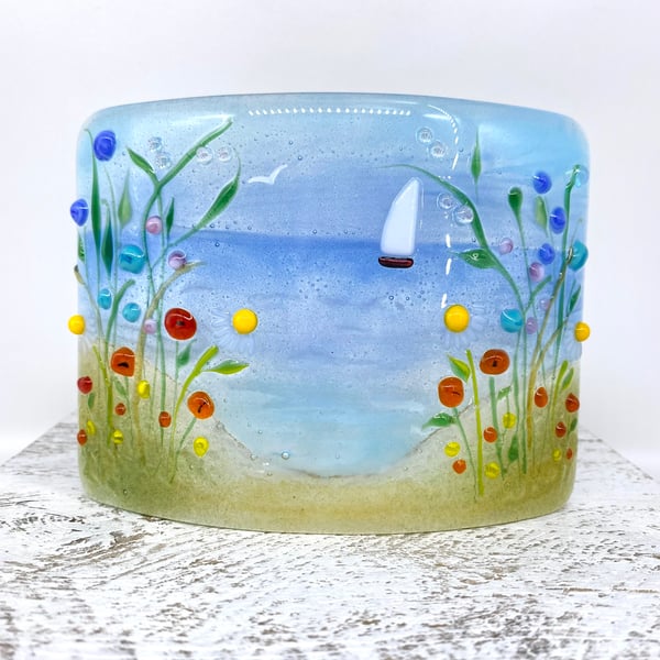 Curved Glass Panel - Sea Scene with Wild Flowers