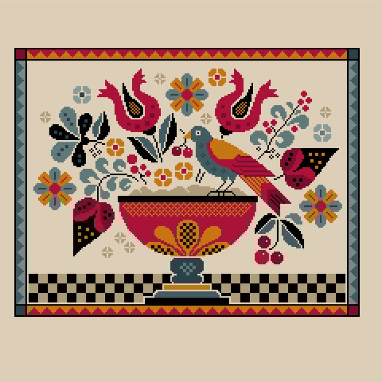 325 - Fraktur Cross Stitch Pattern: Tulips, Distelfink primitive sampler (PDF)