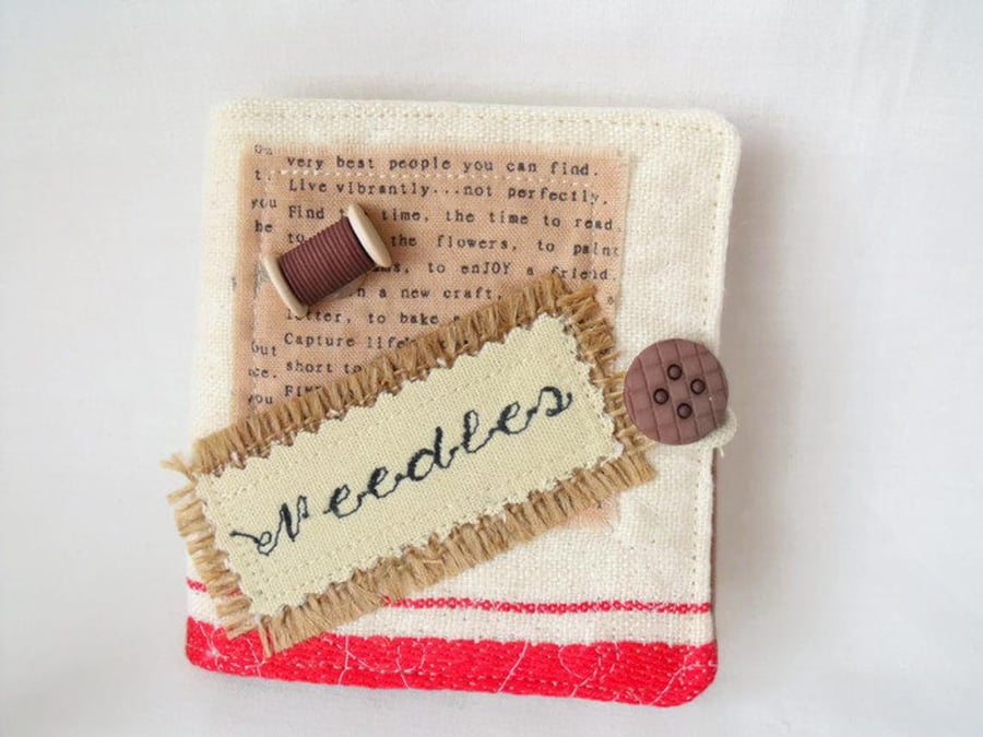 linen sewing needle case book, brown button and spool embellishment
