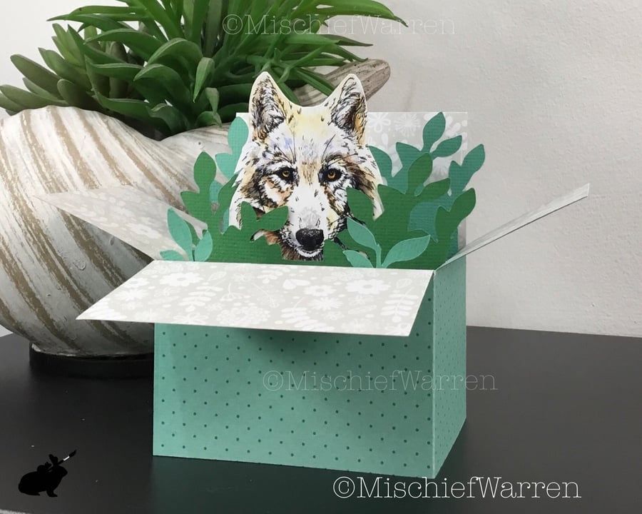 White Wolf 3D Box Card. Blank or personalised. Gift card holder.