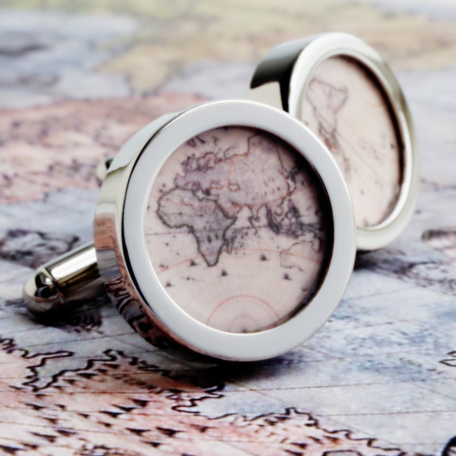 Vintage Map Cufflinks, Ancient Map of the World for Travellers of the Globe