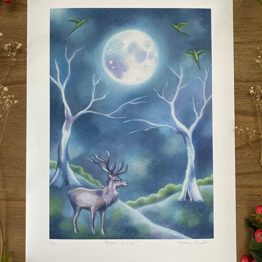 Deer Art Print with full moon - Giclee, limited edition - Stag Art 