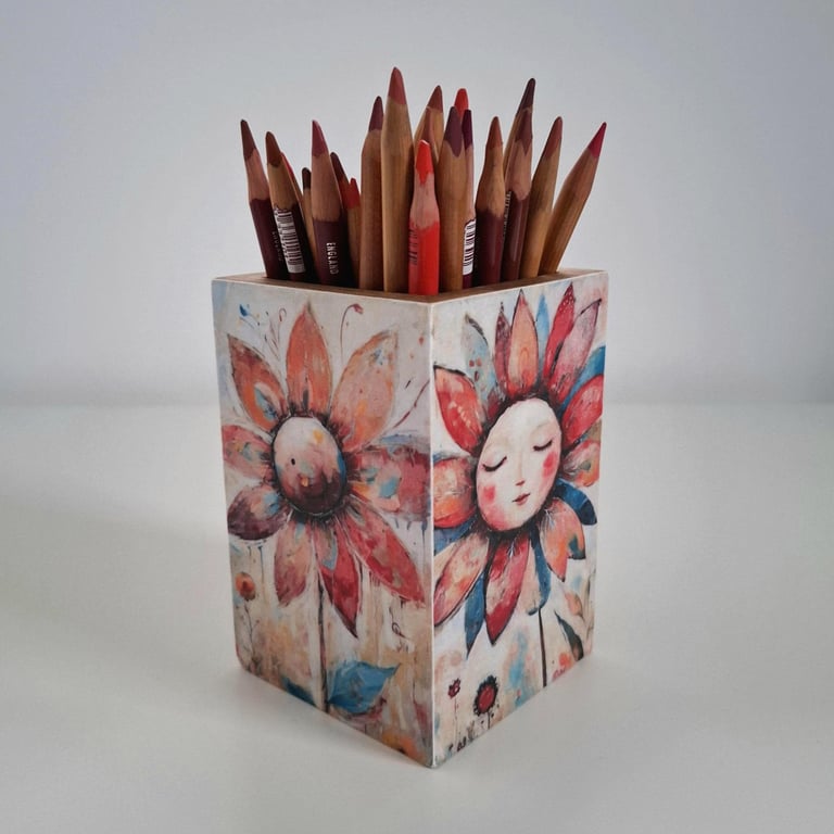 Wooden Pencil Holder, Mushroom Desk Organizer, Floral Pen Pot