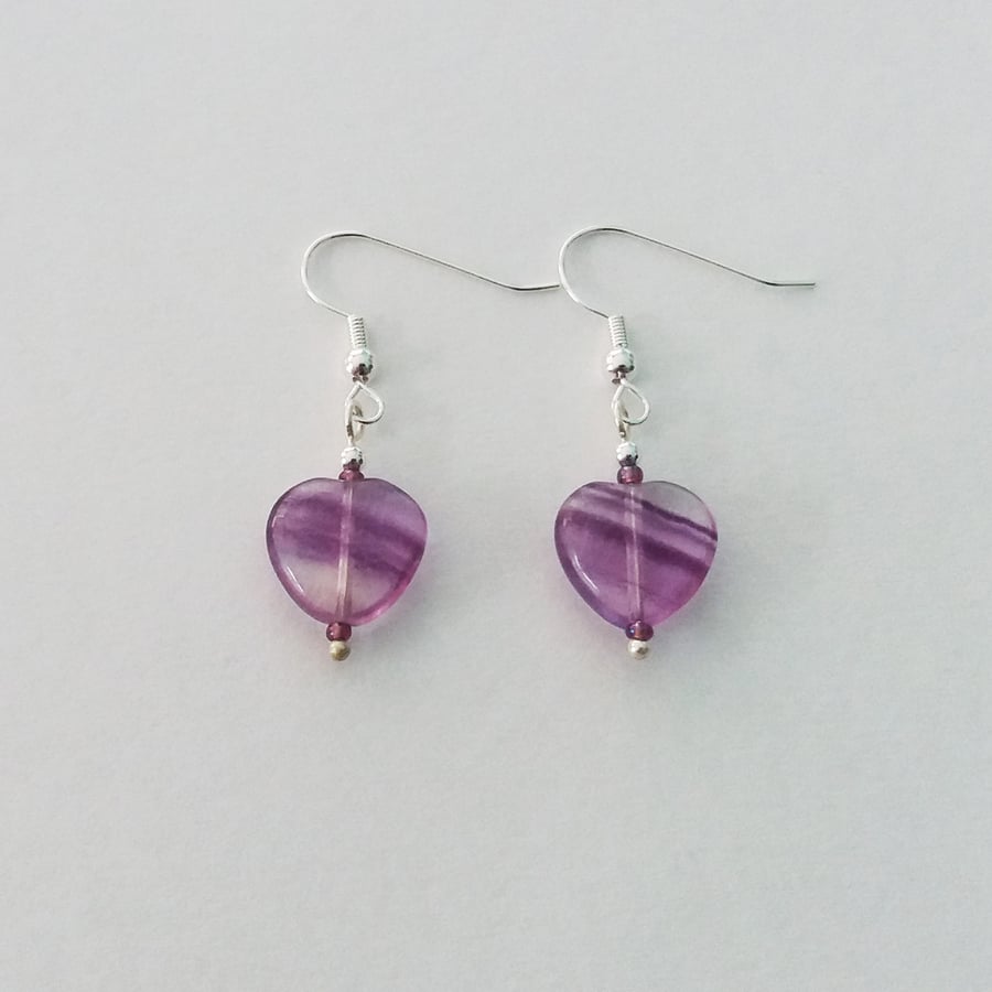 Rainbow Fluorite Heart Earrings - Purple.