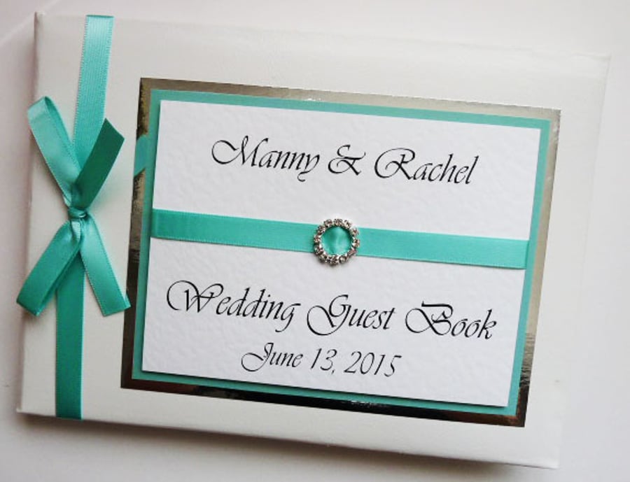 Wedding guest book with turquoise ribboon, wedding gift, wedding keepsake