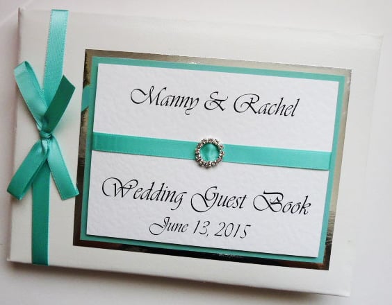 Wedding guest book with turquoise ribboon, wedding gift, wedding keepsake