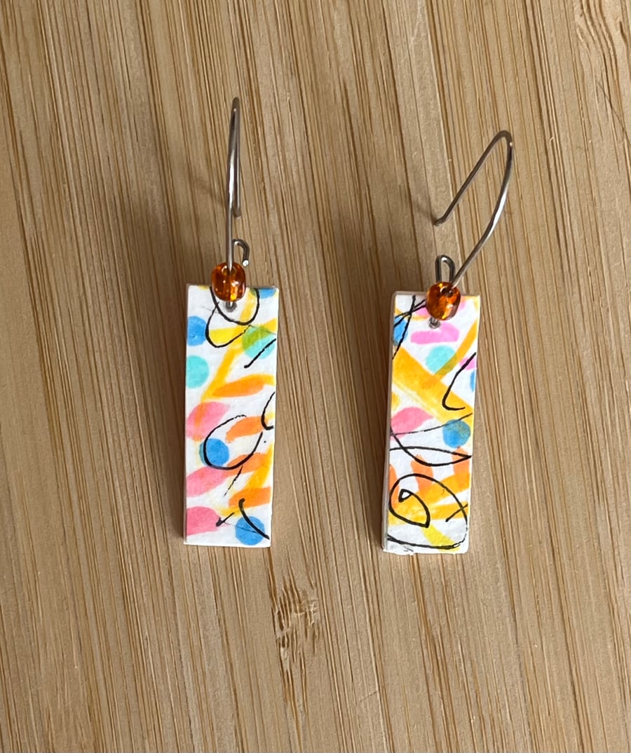 Rectangle, 3 CM x 1CM wide, Hand-painted Paper Earrings