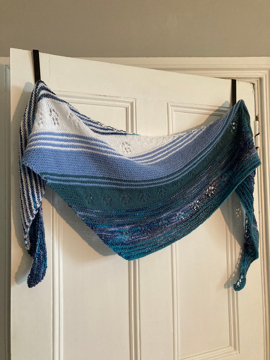 Hand Knitted Asymmetrical Wrap in Blues, Teal and White