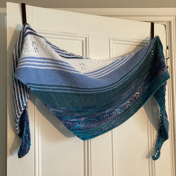 Hand Knitted Asymmetrical Wrap in Blues, Teal and White