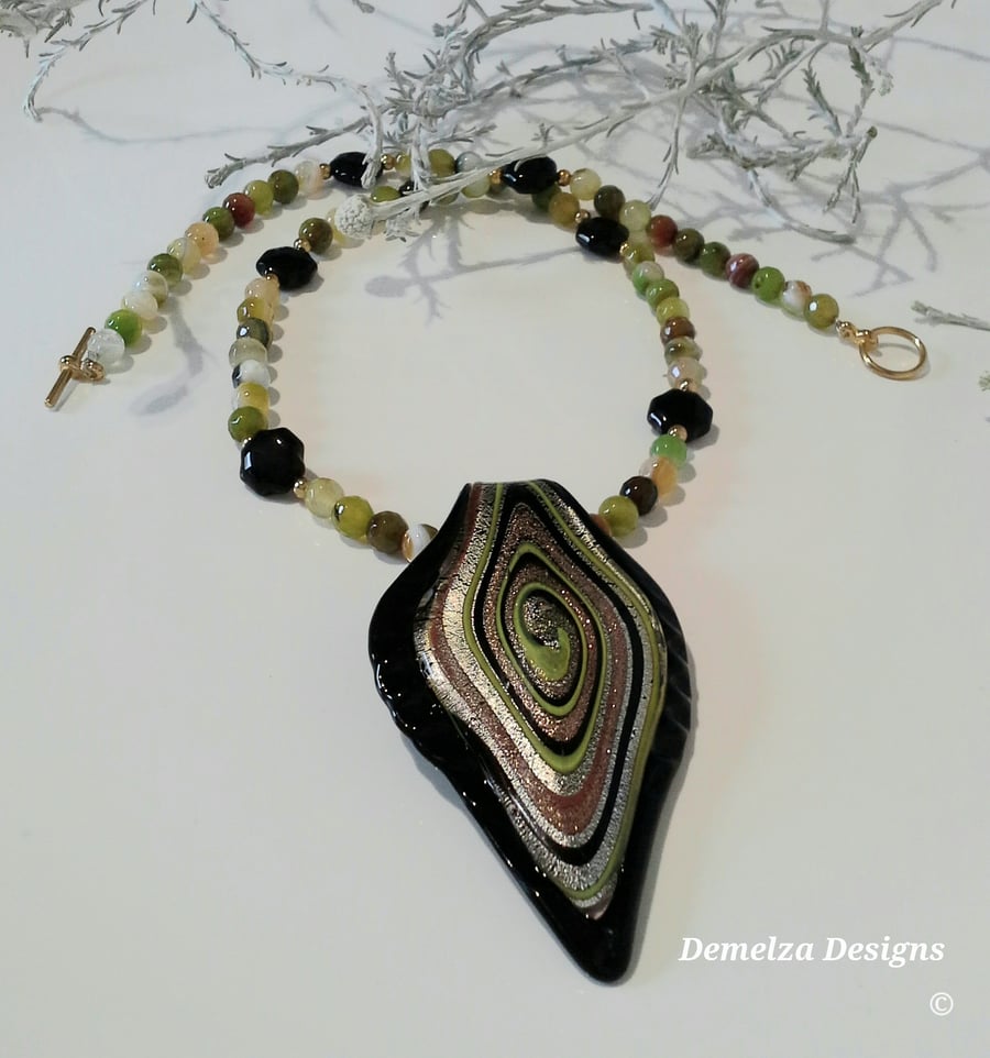  Agate & Genuine Murano Glass Necklace Gold Plated