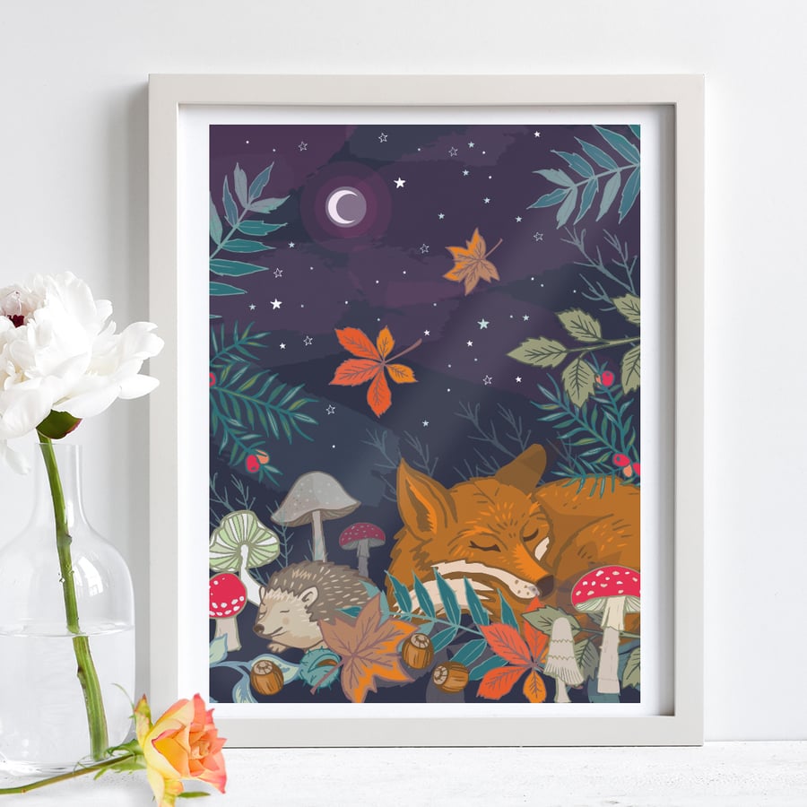 'Hibernation' Fox and Hedgehog illustration print, nursery wall art