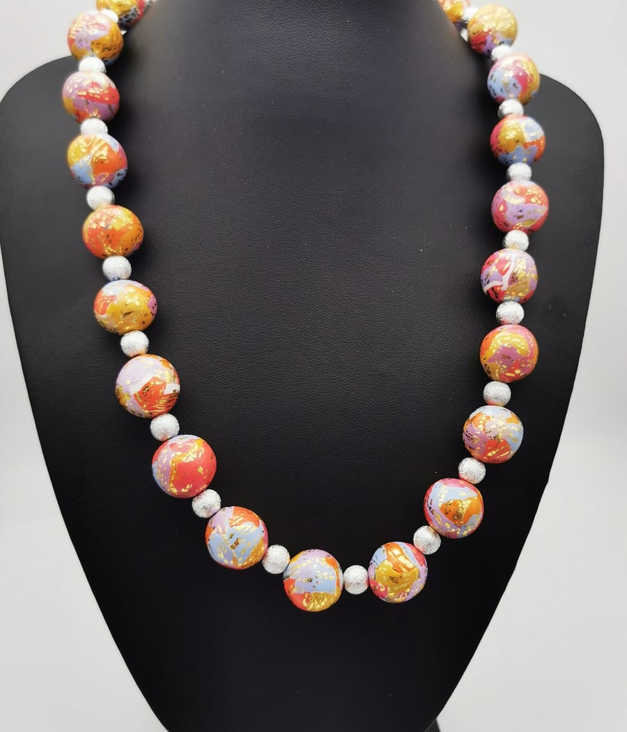 Unique chunky, beaded statement necklace. Handmade, polymer clay