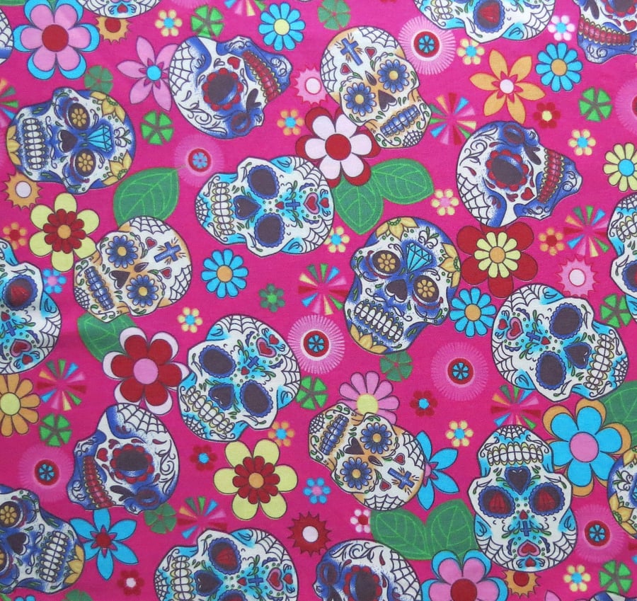Sugar Skulls fabric, cotton poplin,  remnant,  1 metre length