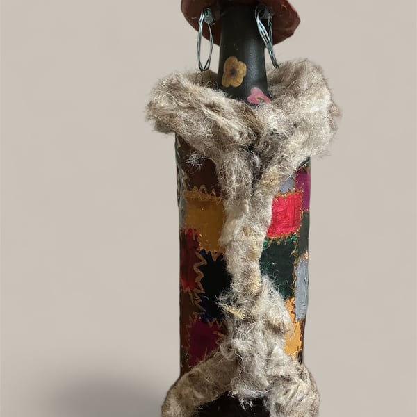 Boho Hippy Chic Bottle Decoration Folk Art Patchwork & Fur Trim 35cm Height