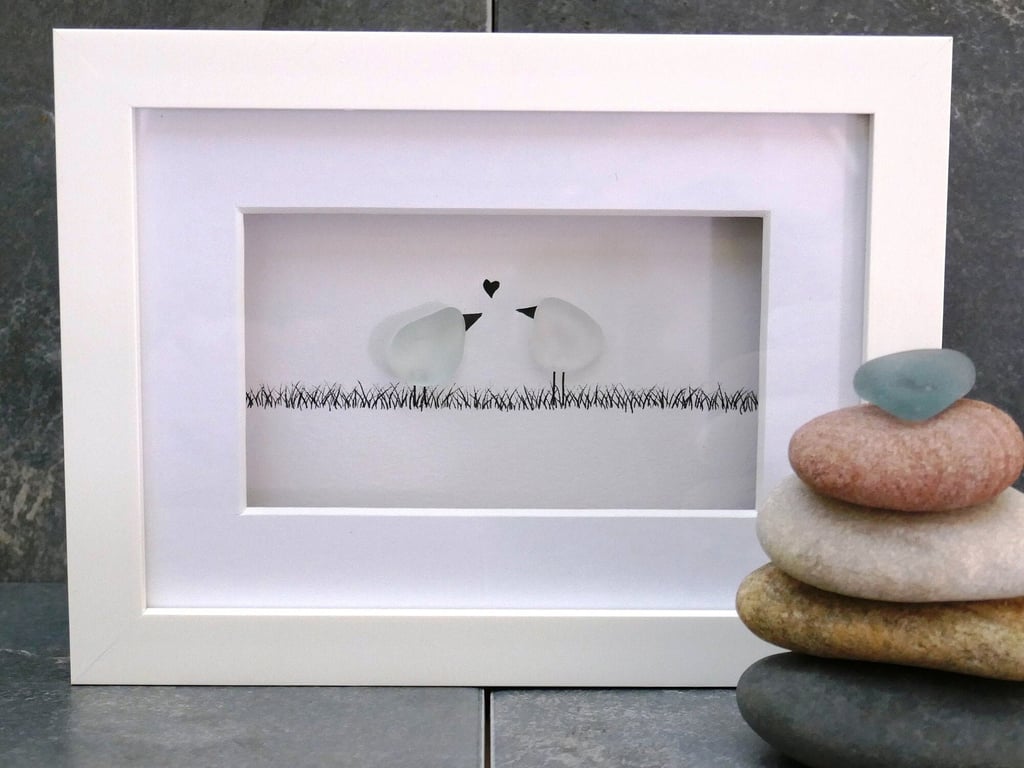 Personalized Sea Glass Art with Love Birds for Special Occasions