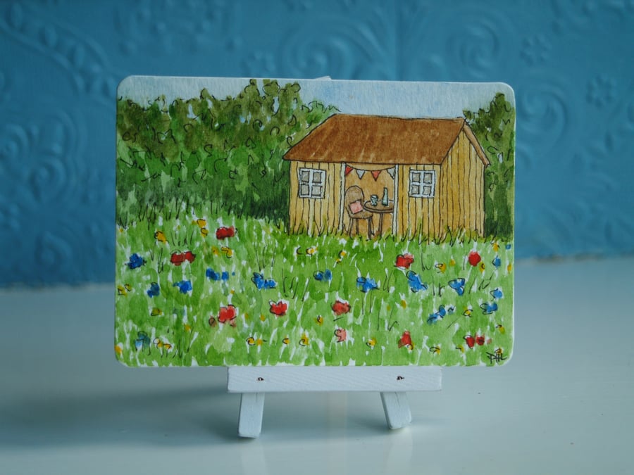 ACEO Original The Summer House and Wildflower Garden