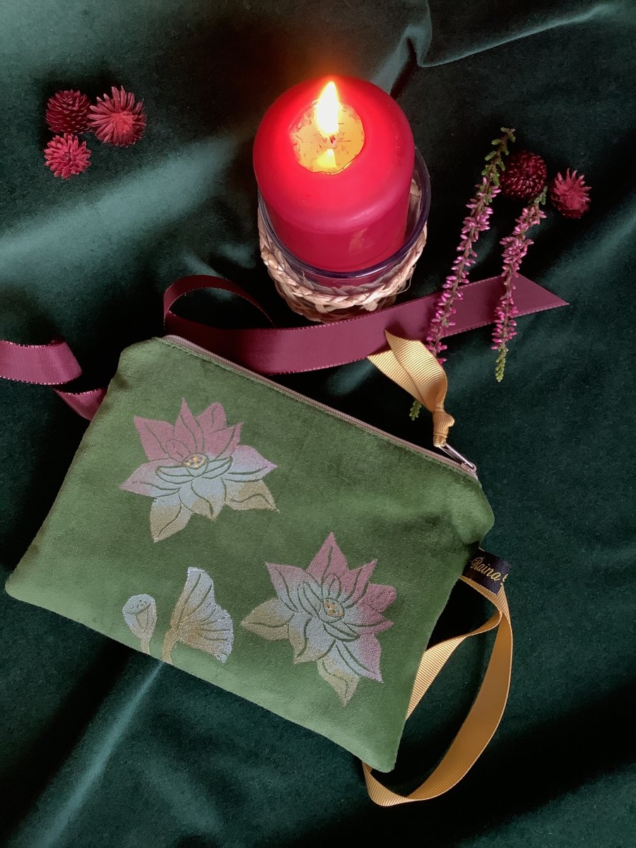 Lotus Flower Velvet Pouch, Olive Green Small Makeup Bag, Hand Printed Gift 