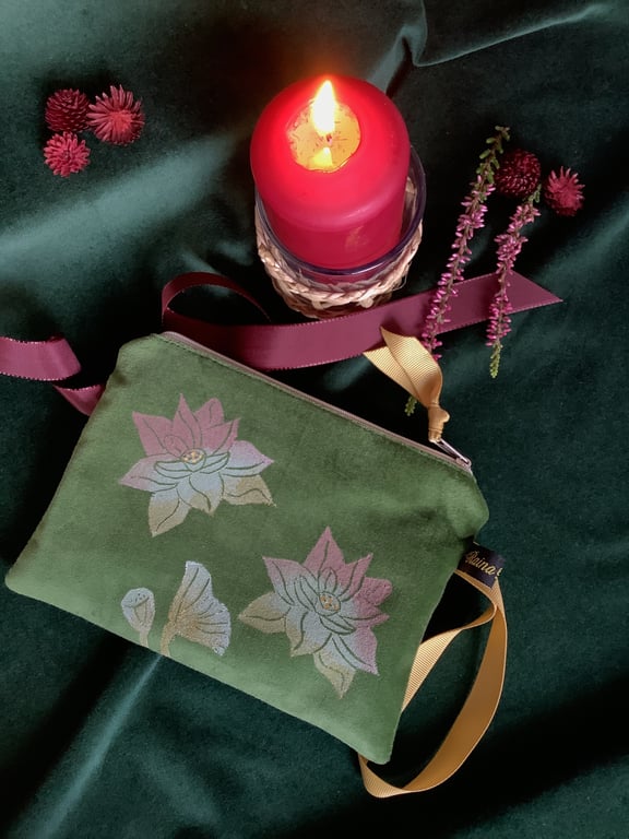 Lotus Flower Velvet Pouch, Olive Green Small Makeup Bag, Hand Printed Gift 