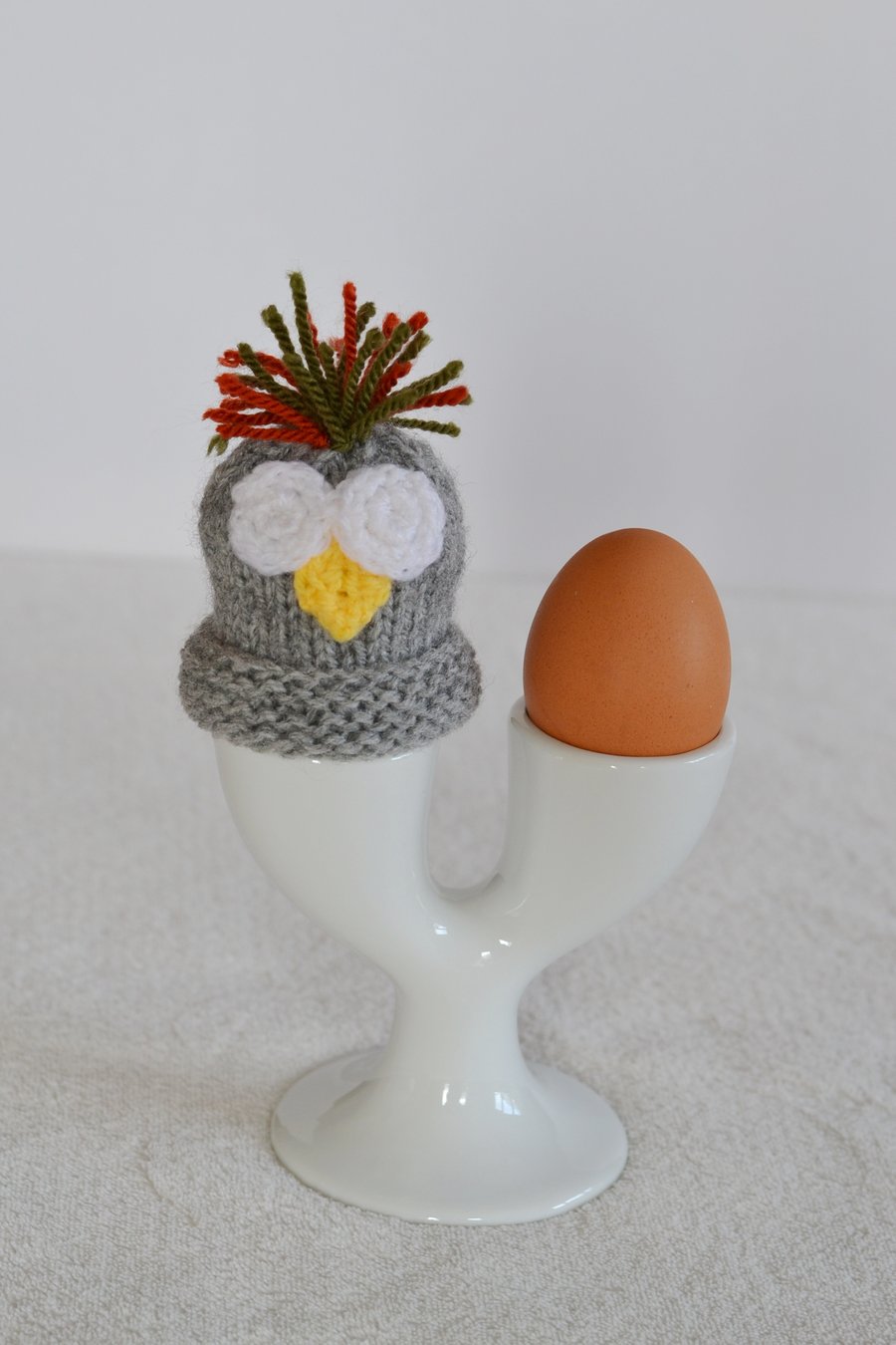 Grey Knitted Novelty Owl Egg Cosy, Creme Egg or Computer Desk Gonk