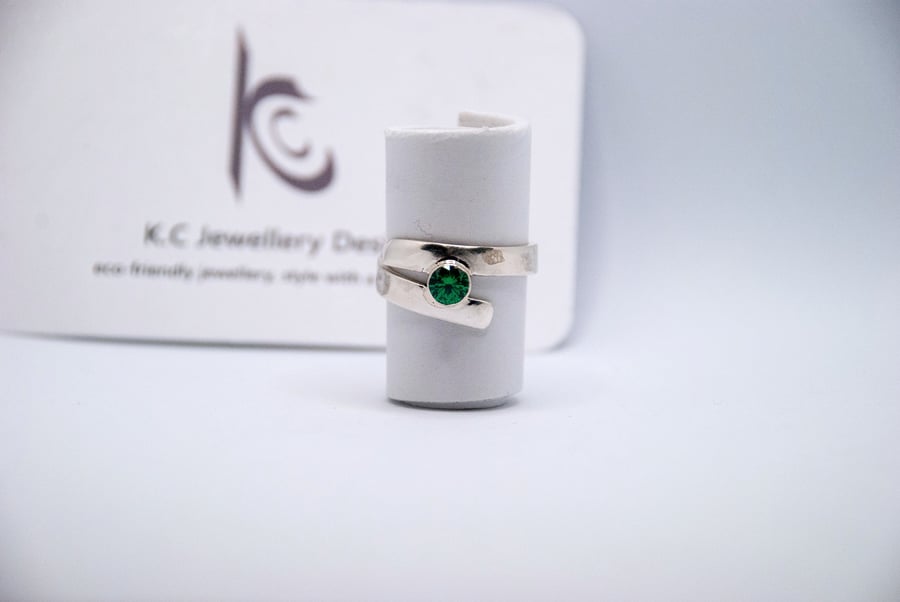 Handmade silver bold ring with Teal Green cubic zirconia