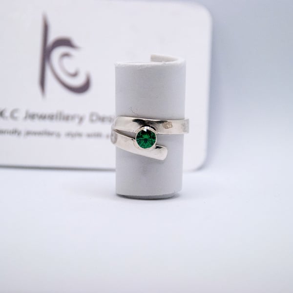 Handmade silver bold ring with Teal Green cubic zirconia