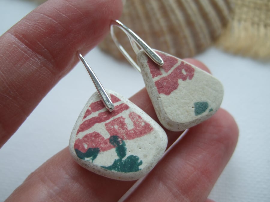 Scottish sea pottery jewellery, Red Green pattern sterling silver pottery