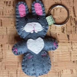 Rabbit on Back, Grey & White Felt Keyring - Bag Charm