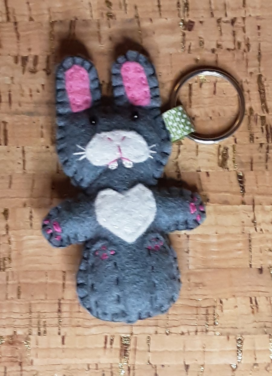 Rabbit on Back, Grey & White Felt Keyring - Bag Charm