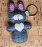 Rabbit on Back, Grey & White Felt Keyring - Bag Charm - Image 1