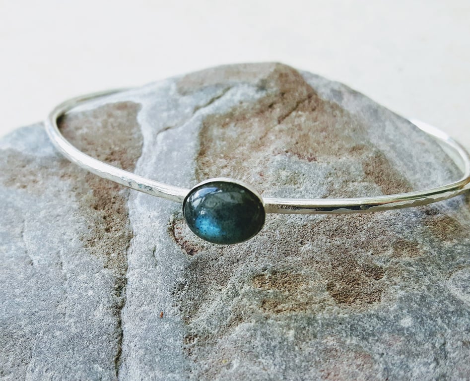 Sterling Silver Bangle, Hallmarked, with Labradorite Gemstone