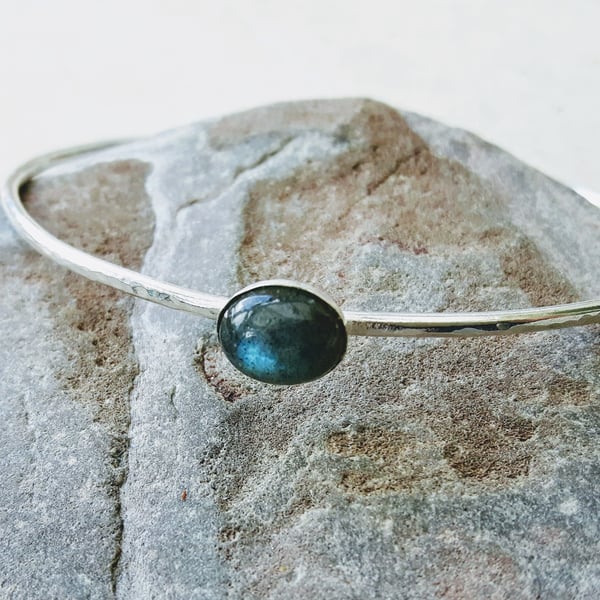 Sterling Silver Bangle, Hallmarked, with Labradorite Gemstone