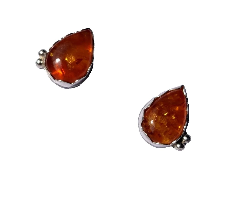 Handmade Baltic Amber Teardrop Stud Earrings in Fine Silver & Sterling Silver