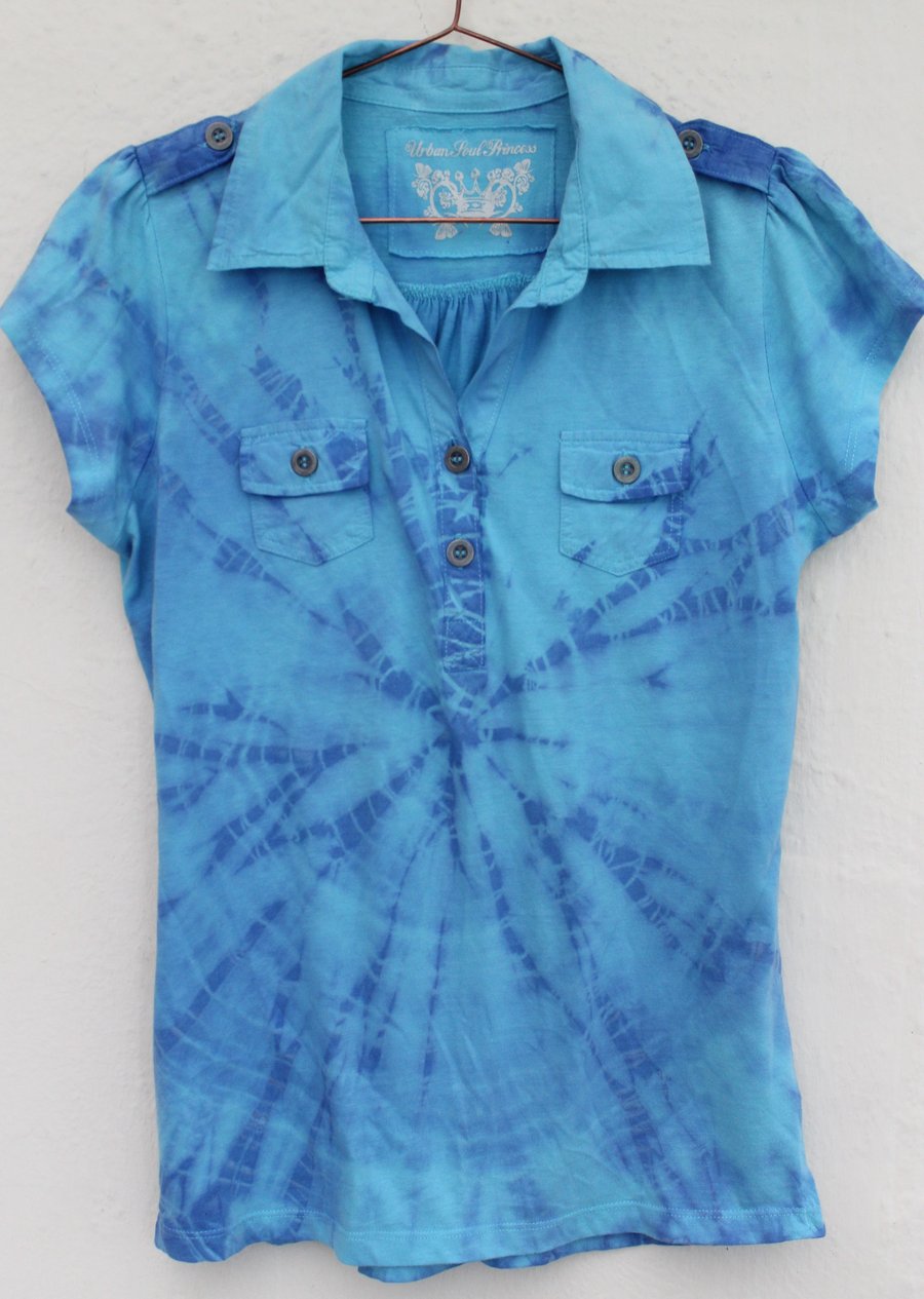 ladies turquoise blue target tie dye T shirt cotton blend,Eco reworked clothing