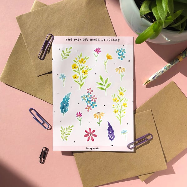 Wildflower Watercolour Sticker Sheet, Eco Friendly