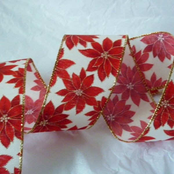 1 Metre Wire Edged Christmas Ribbon 63mm wide Christmas Rose Poinsettia