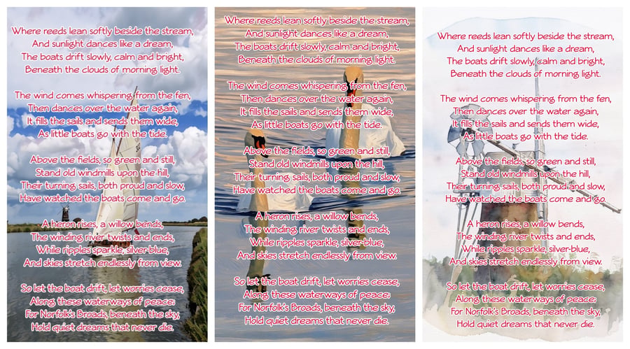 Pack of 3 Norfolk Broads Poem Card A5 Windmill Boat & Swans 