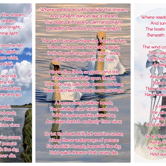 Pack of 3 Norfolk Broads Poem Card A5 Windmill Boat & Swans 