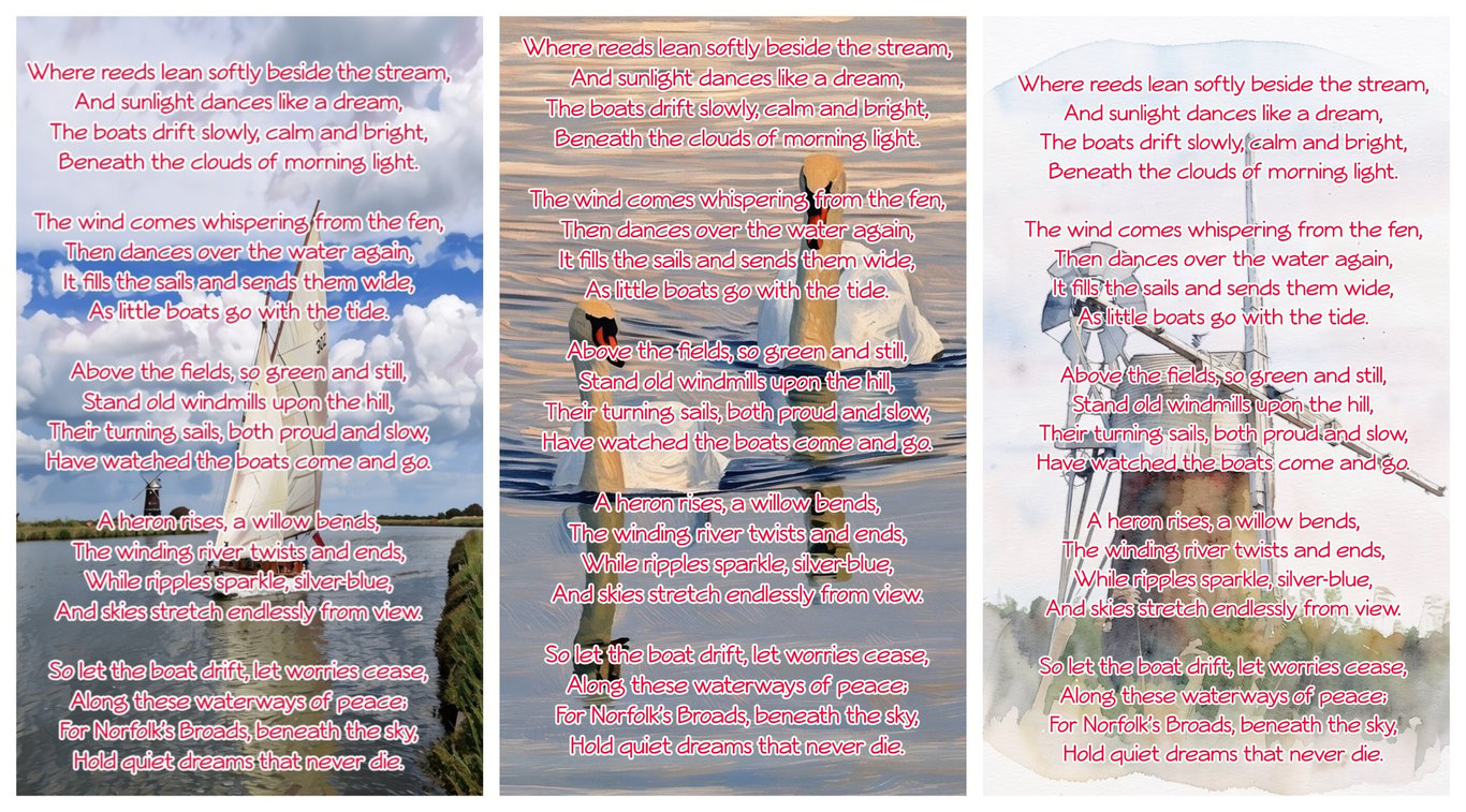 Pack of 3 Norfolk Broads Poem Card A5 Windmill Boat & Swans 