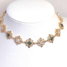 Emerald Green Crystal Gold Necklace, Vintage Regal Flower Jewelry