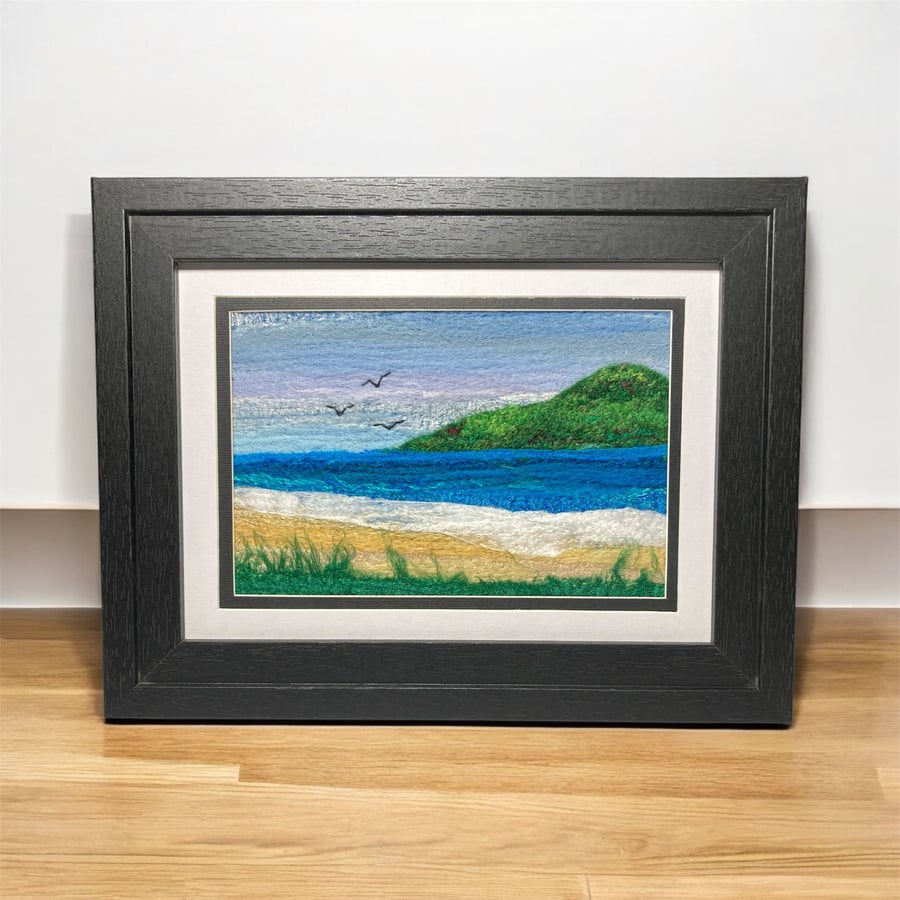 Textile art picture, needle felted seascape with headland, framed or mounted