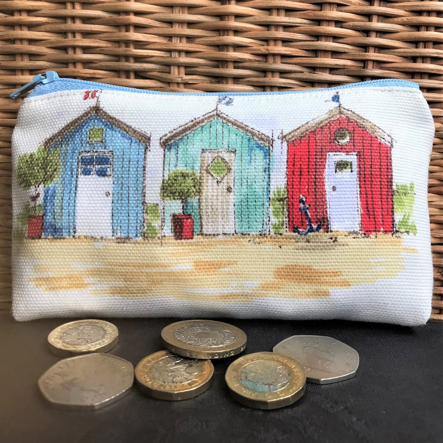 Large purse, coin purse in cream with three beach huts