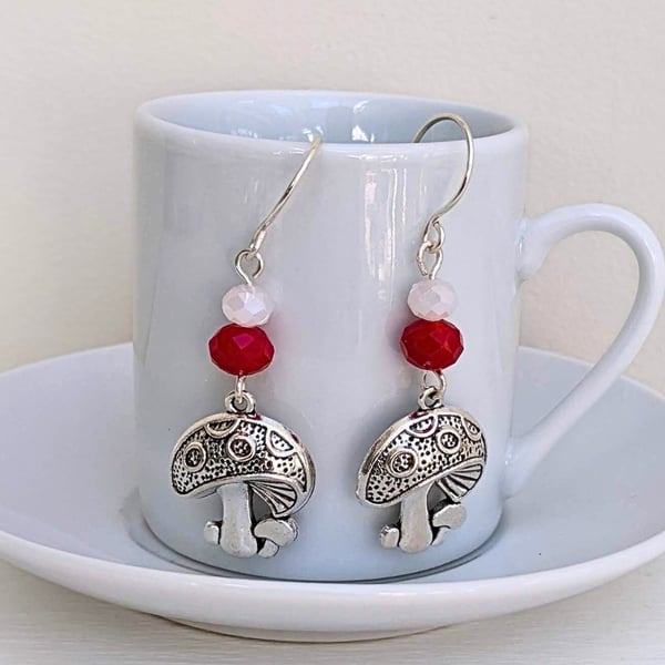 Toadstool Charm Earrings with Red and White Beads. Cottage Core Dangle