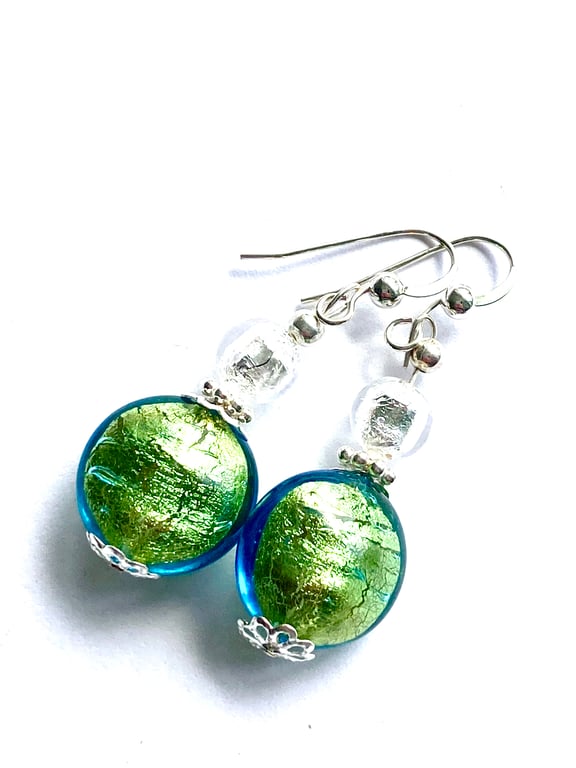 Murano glass earrings with kingfisher green lentil beads and sterling silver.