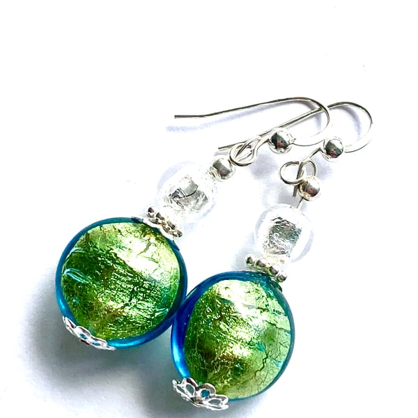 Murano glass earrings with kingfisher green lentil beads and sterling silver.