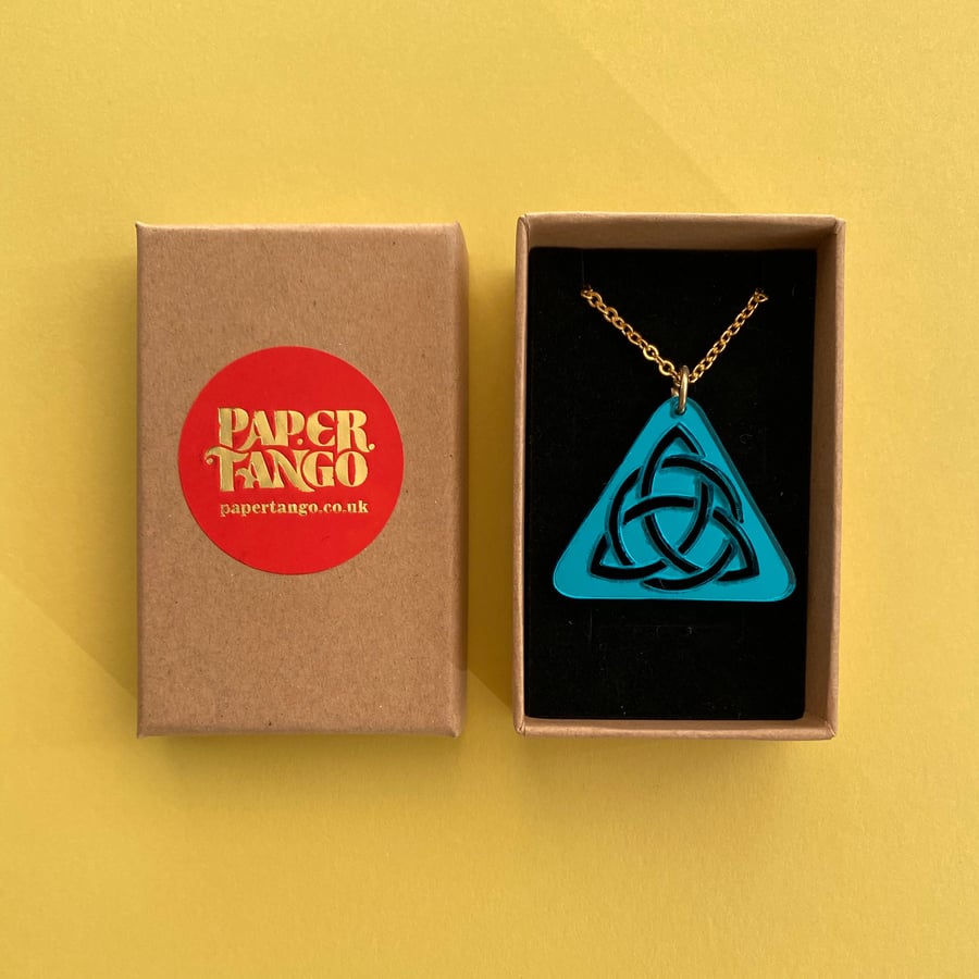 Celtic trinity knot teal mirror acrylic necklace